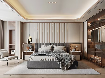 Modern Bedroom Interior Design With Upholstered Bed Bedside Tables Built in Wardrobe And Accent Chair 3d model