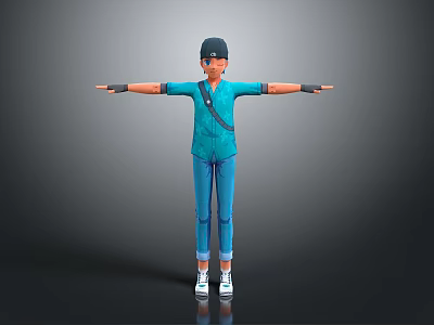 Child in Blue Outfit With Hat Backpack and Arms Outstretched 3d model