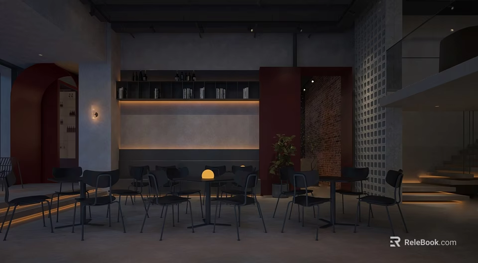Modern Bar Interior With Industrial Style Tables Chairs Brick Wall And Potted Plant 3d model 