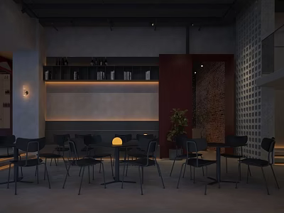 Modern Bar Interior With Industrial Style Tables Chairs Brick Wall And Potted Plant 3d model