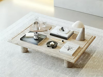 Minimalist Natural Wood Coffee Table With Decorative Items Books And Glassware On Carpet 3d model