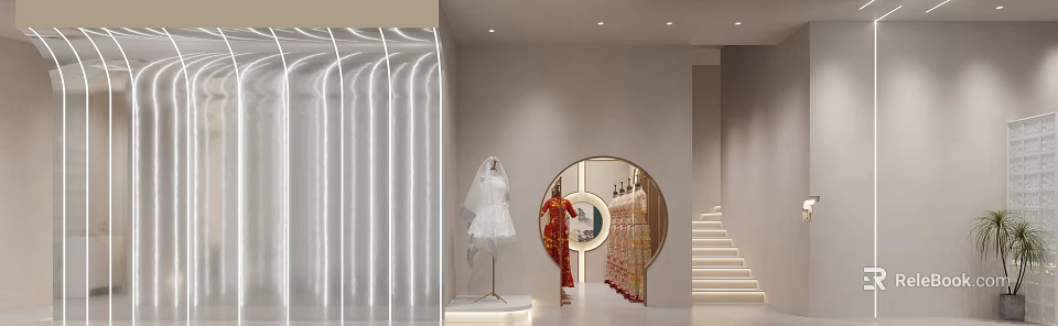 Modern Clothing Store Featuring Wedding Dress Red Gown Mannequins And Circular Archway 3d model 