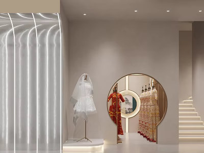 Modern Clothing Store Featuring Wedding Dress Red Gown Mannequins And Circular Archway 3d model