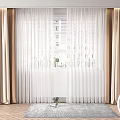 Beige Thick Curtains With White Sheer Covering Window Over Wooden Floor And Gray Rug