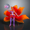 Fantasy Game Character With Fox Ears Orange Tails Purple Pink Outfit And Transparent Magic Orb