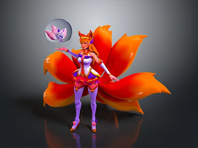 Fantasy Game Character With Fox Ears Orange Tails Purple Pink Outfit And Transparent Magic Orb 3d model