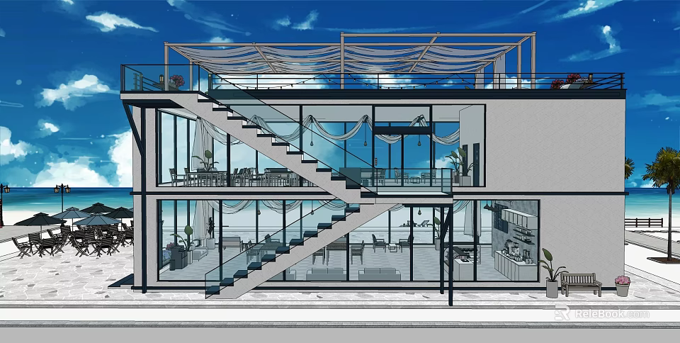 Beachfront Cafe Featuring Glass Walls Staircase Terrace Canopy And Indoor Seating 3d model 
