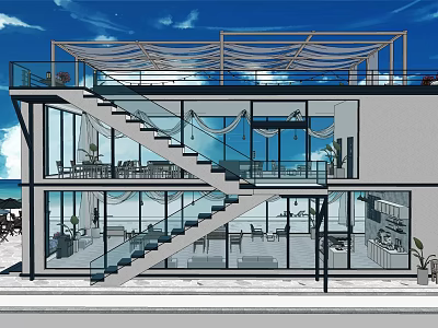 Beachfront Cafe Featuring Glass Walls Staircase Terrace Canopy And Indoor Seating 3d model