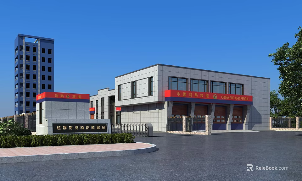 Modern Fire Station Exterior Design With Red Banners Entrances And Parking Area 3d model 