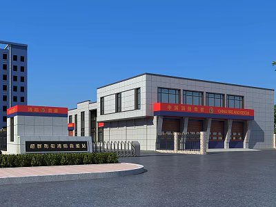 Modern Fire Station Exterior Design With Red Banners Entrances And Parking Area 3d model