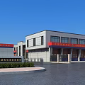 Modern Fire Station Exterior Design With Red Banners Entrances And Parking Area