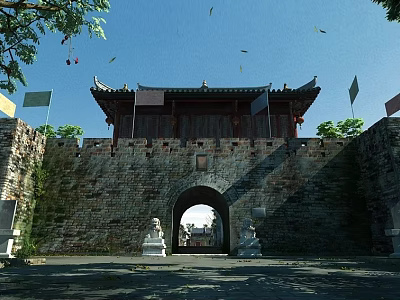 Ancient Architecture City Gate With Brick Walls Stone Lions And Traditional Roof 3d model