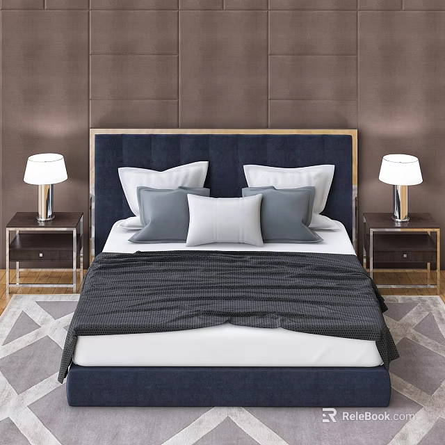 Elegant Bedroom Double Bed With Navy Blue Headboard Brown Wall Nightstands Table Lamps And Pillows 3d model 
