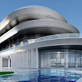 Modern Streamlined Sales Office Building With Curved Façade And Large Glass Windows