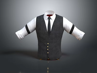 Gray Vest With White Shirt Black Tie And Black Striped Sleeves Gold Buttons 3d model