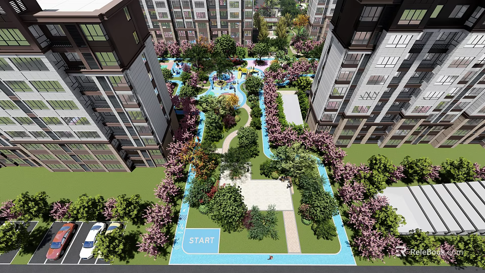 Residential Landscape Featuring High Rise Buildings Lush Greenery and Walking Paths 3d model 