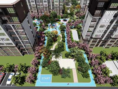 Residential Landscape Featuring High Rise Buildings Lush Greenery and Walking Paths 3d model