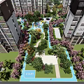 Residential Landscape Featuring High Rise Buildings Lush Greenery and Walking Paths