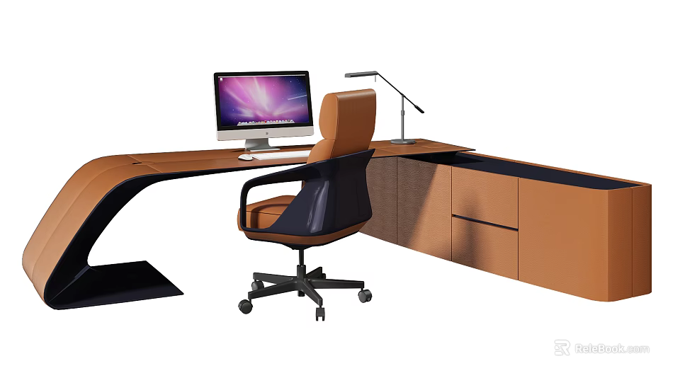 Modern Curved Office Desk With Computer Monitor Lamp And Ergonomic Chair 3d model 