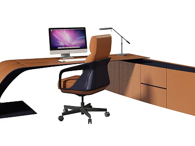 Modern Curved Office Desk With Computer Monitor Lamp And Ergonomic Chair 3d model