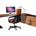 Modern Curved Office Desk With Computer Monitor Lamp And Ergonomic Chair