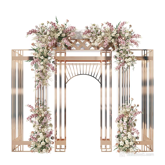 Elegant Floral Installation With Metal Archway Design Pink White Blooms And Lush Greenery 3d model 