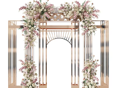 Elegant Floral Installation With Metal Archway Design Pink White Blooms And Lush Greenery 3d model