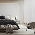 Modern Minimalist Bedroom Interior With Bedside Tables Pendant Lamp Bench Chair And Soft Rug