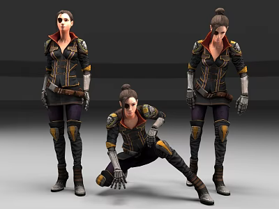 Detailed Woman Character With Three Different Poses In Black And Yellow Outfit 3d model