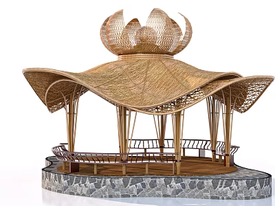 Bamboo Pavilion With Lotus Shaped Roof Stone Base And Wooden Benches 3d model