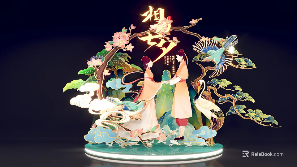 Ancient Style Qixi Festival Decorative Ornament With Figures Flowers And Birds 3d model 