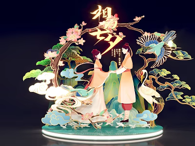 Ancient Style Qixi Festival Decorative Ornament With Figures Flowers And Birds 3d model