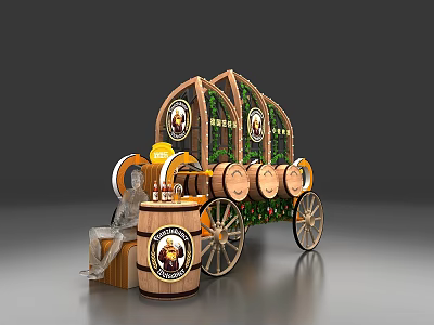 Commercial Wooden Barrel Cart With Arched Decorative Frame And Display Bottles 3d model
