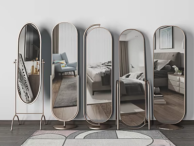 Modern Floor Mirrors With Metal Frames Reflecting Living Room And Bedroom Interior Design 3d model