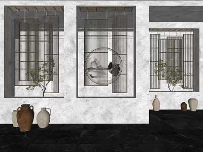 Traditional Room Divider With Wooden Grille Circular Design And Potted Plants 3d model