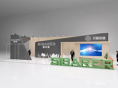 SIBARER Modern Exhibition Booth Interior with Screen Tables Chairs and People 3d model