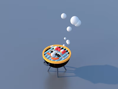 Black Outdoor Grill With Red And White Food And Floating Bubbles 3d model