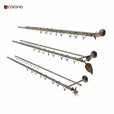 Metal Curtain Rods with Hooks and Various Decorative Finials Including Spherical Leaf and Star Shapes 3d model