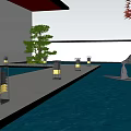 Serene Oriental Garden Landscape With Red Roof Pond Lanterns And Mountain View At Night