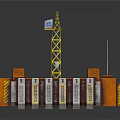 Colorful Cartoon Construction Site Scene With Yellow Crane And Orange Building Structure Elements