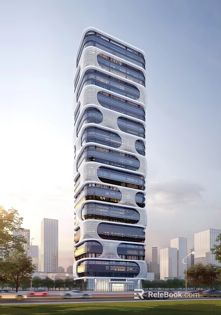 Modern High Rise Office Building With Unique Curved Facade And Glass Windows 3d model 