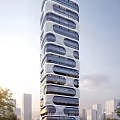 Modern High Rise Office Building With Unique Curved Facade And Glass Windows