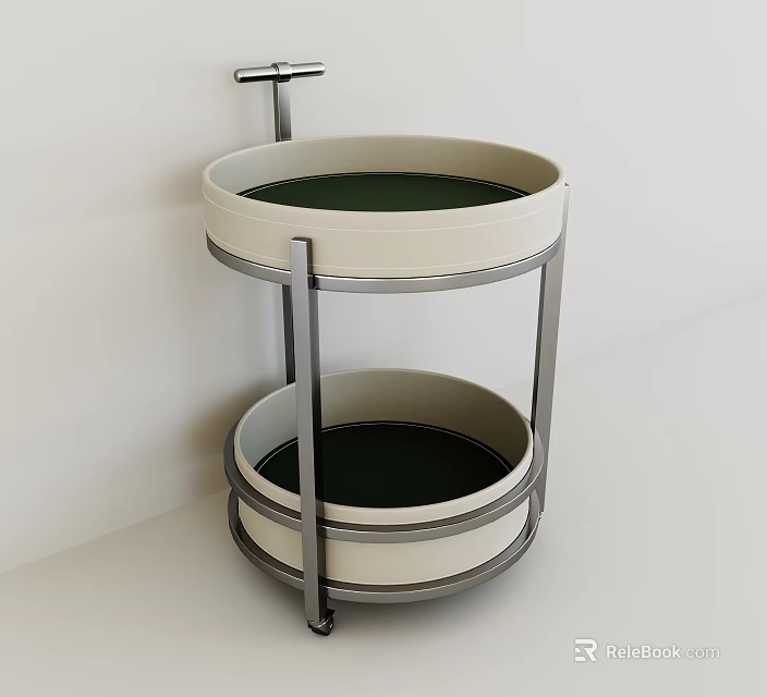 Round Two Tier Coffee Table With Metal Frame And Green Trays On Wheels 3d model 