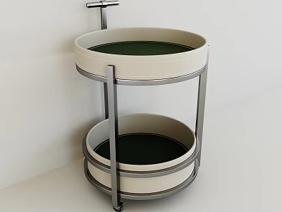 Round Two Tier Coffee Table With Metal Frame And Green Trays On Wheels 3d model