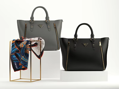 Stylish Black Leather Handbags with Metal Zippers Buckles Colorful Scarf on Golden Rack White Cube 3d model