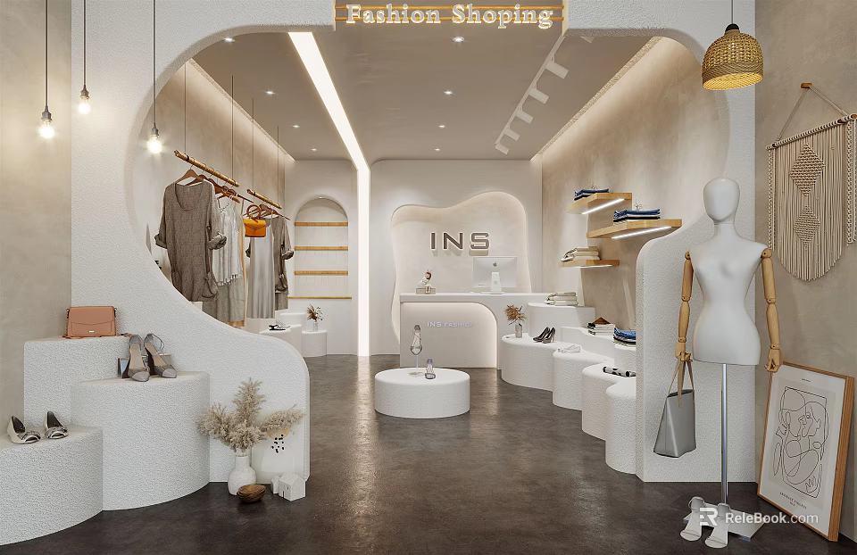 Minimalist Fashion Boutique with Hanging Clothes Mannequin White Display Stands and Pampas Grass Decor 3d model 