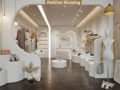 Minimalist Fashion Boutique with Hanging Clothes Mannequin White Display Stands and Pampas Grass Decor 3d model