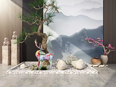 Garden Ornament Setup With Pine Tree Colorful Deer Statue Plum Blossom Branch Stones And White Gravel 3d model