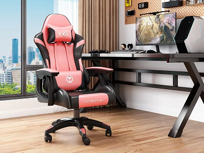 Ergonomic Pink Gaming Chair Setup With Black Desk Computer Monitor City View And Wooden Floor 3d model
