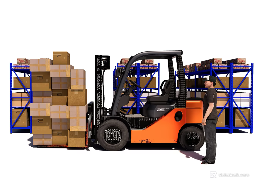 Warehouse Storage Interior With Worker Operating Forklift And Stacked Boxes On Shelves 3d model